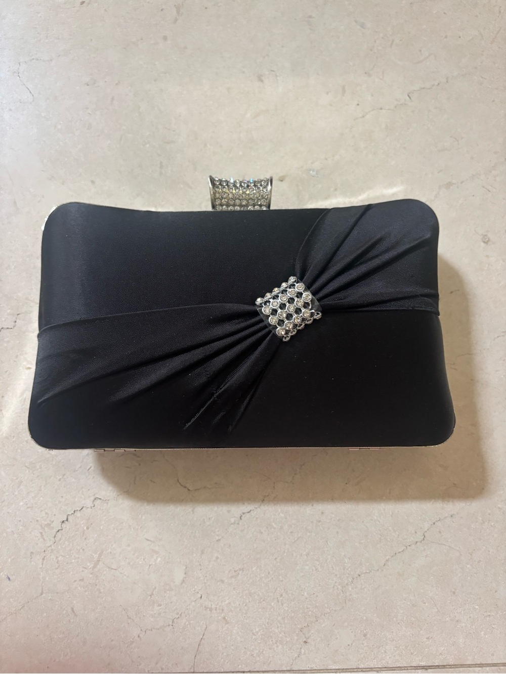 Vintage 90s Black Satin Rhinestone Accent Evening Clutch